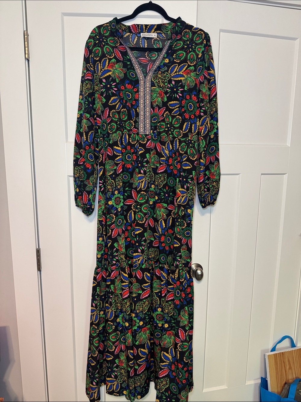 Black Multi Floral Maxi Dress with V-Neck Trim